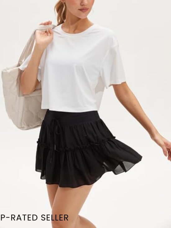 High Waist Athletic Skort with Built-In Shorts Flowy Ruffle Tiered Layered - Picture 3 of 7
